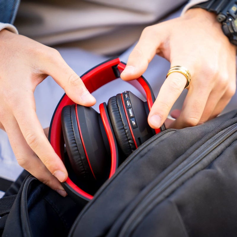 PowerLocus Wireless Bluetooth Over-Ear Stereo Foldable Headphones, Wired Headsets Rechargeable with Built-in Microphone for iPhone, Samsung, LG, iPad (Black/Red) - Image 5
